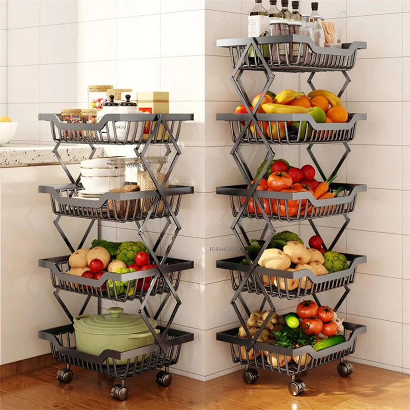 

Kitchen Fruit and Vegetable Storage Folding Cart Home Vegetable Basket Storage Rack Floor Foldable Kitchen Trolley with Wheels