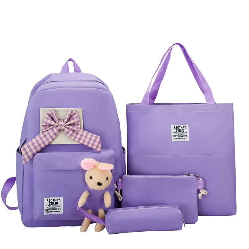 

MFD 4pcs/set Children school backpack girls cute plaid bows school bags kids bookbag pencil bag set kawaii korean school bag