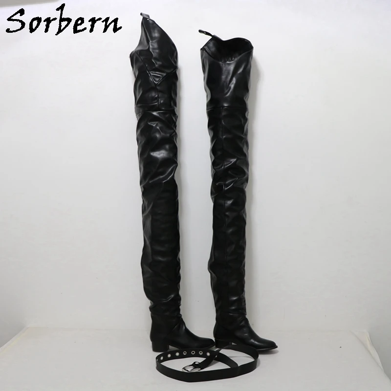 Sorbern Customized 110Cm Crotch Boots Unisex 130Cm Outside Low Heels Fetish Boot With Belt Round Toe Square Heel Multi Color