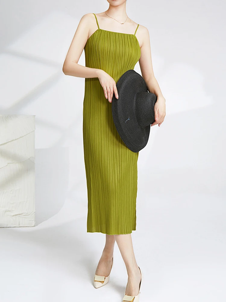 Miyake Sexy Halter Dresses Commuter Temperament Fashion Design Pleated Solid Color Square Neck Women Summer Split Long Skirt
