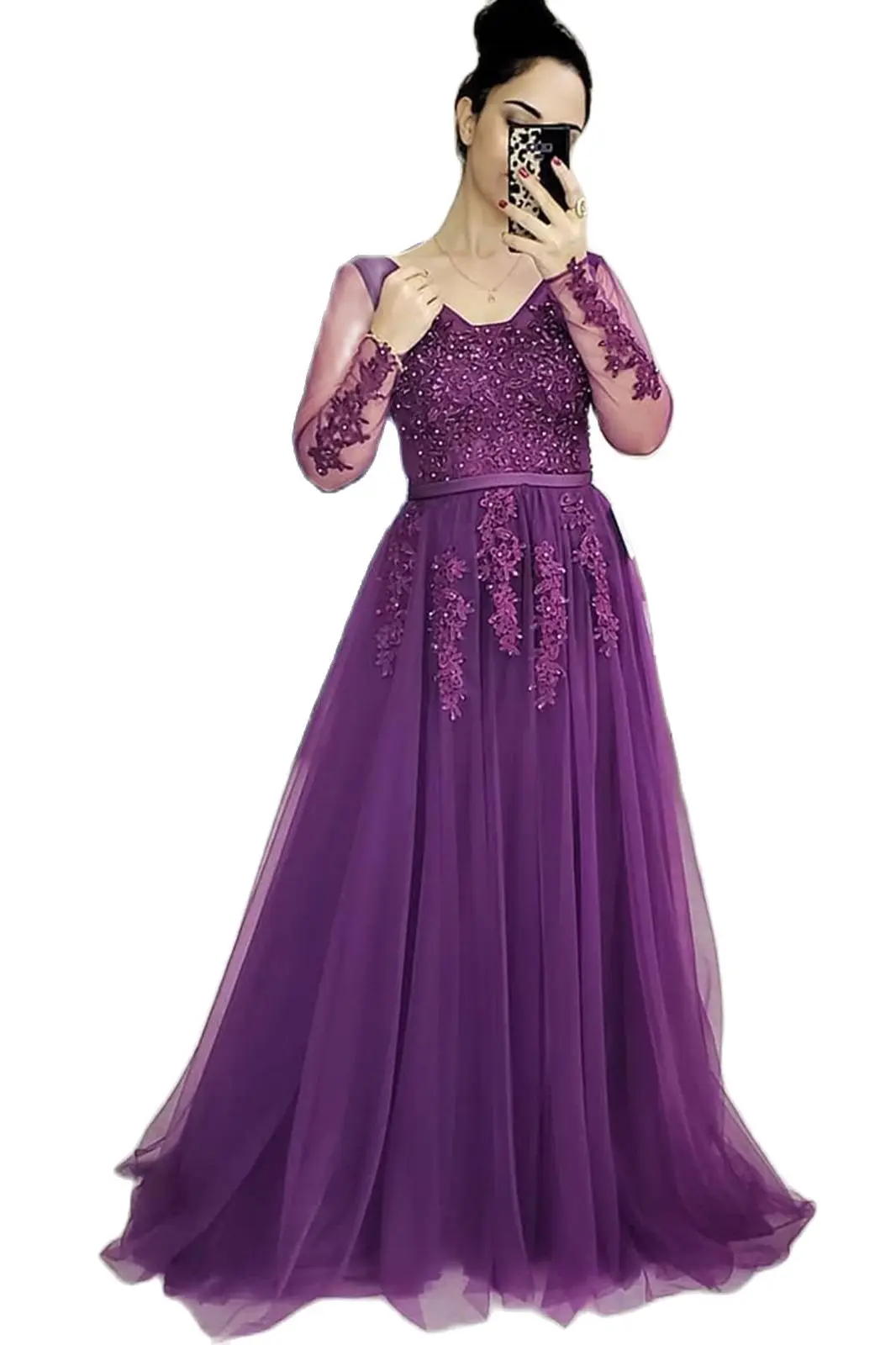 

Purple A Line Prom Dress Long Sleeve Applique Tull Beading V Neck Formal Evening Dress Party Gowns