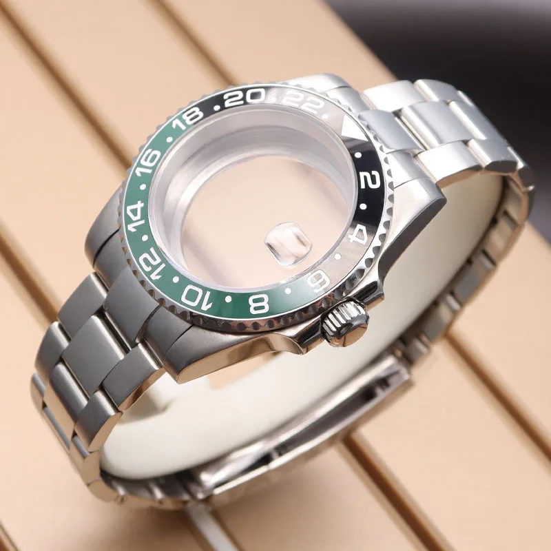 40mm GMT Case Watchband Watches Parts For Seiko nh35 nh36 Miyota 8215 Eta 2824 Movement 28.5mm Dial Black+Green Ceramic Bezel