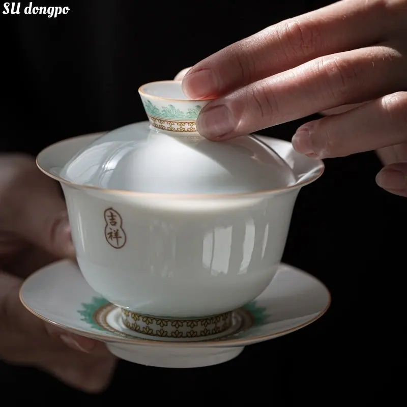 

Hand-painted Three-talent Gaiwan White Porcelain Thin Body Jingdezhen Tea Set Ceramic Tea Cup and Tea Bowl High Quality Gifts