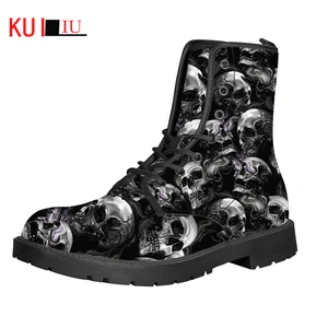 KUILIU 2012 Winter Men Women's Fashion Pu Leather Boots Mid-Calf Booties Classic Sugar Skull Printed Outdoor High Top Boots
