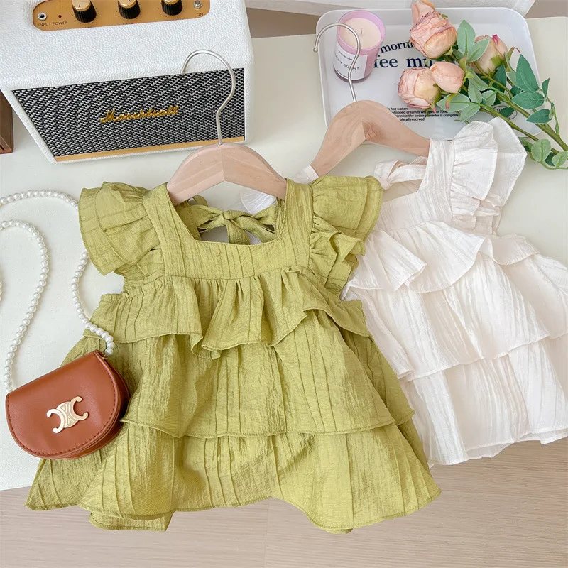 

Kids Girl Summer Fly Sleeve Tops 2023 Korean Fashion Solid Color Square Collar Princess Shirts For 1-7Years