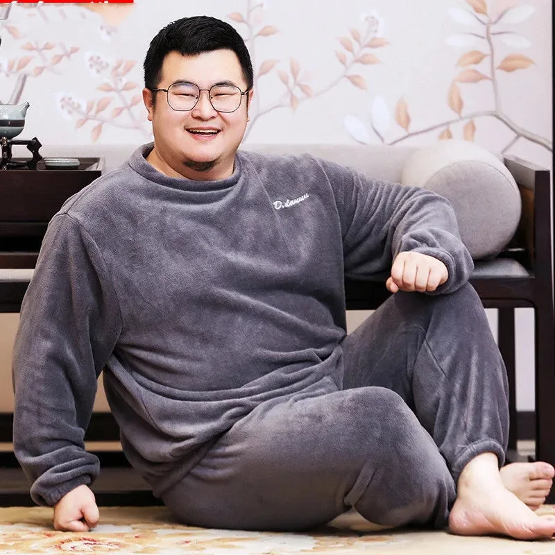 Plus Size 130KG Men's Flannel Pajamas Sets Grey Blue Crimson Home Clothes For male Plus Size Leisure Nightgown Sleepwear Suit