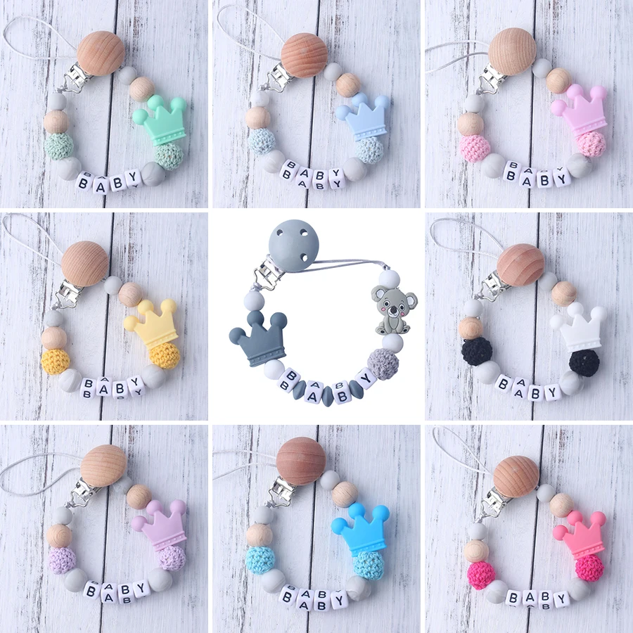 

Baby Pacifier Clip Handmade Beech Wooden Chain Silicone Crown Holder Soother Baby Teething Toy Chewing Teether Baby Shower Gift