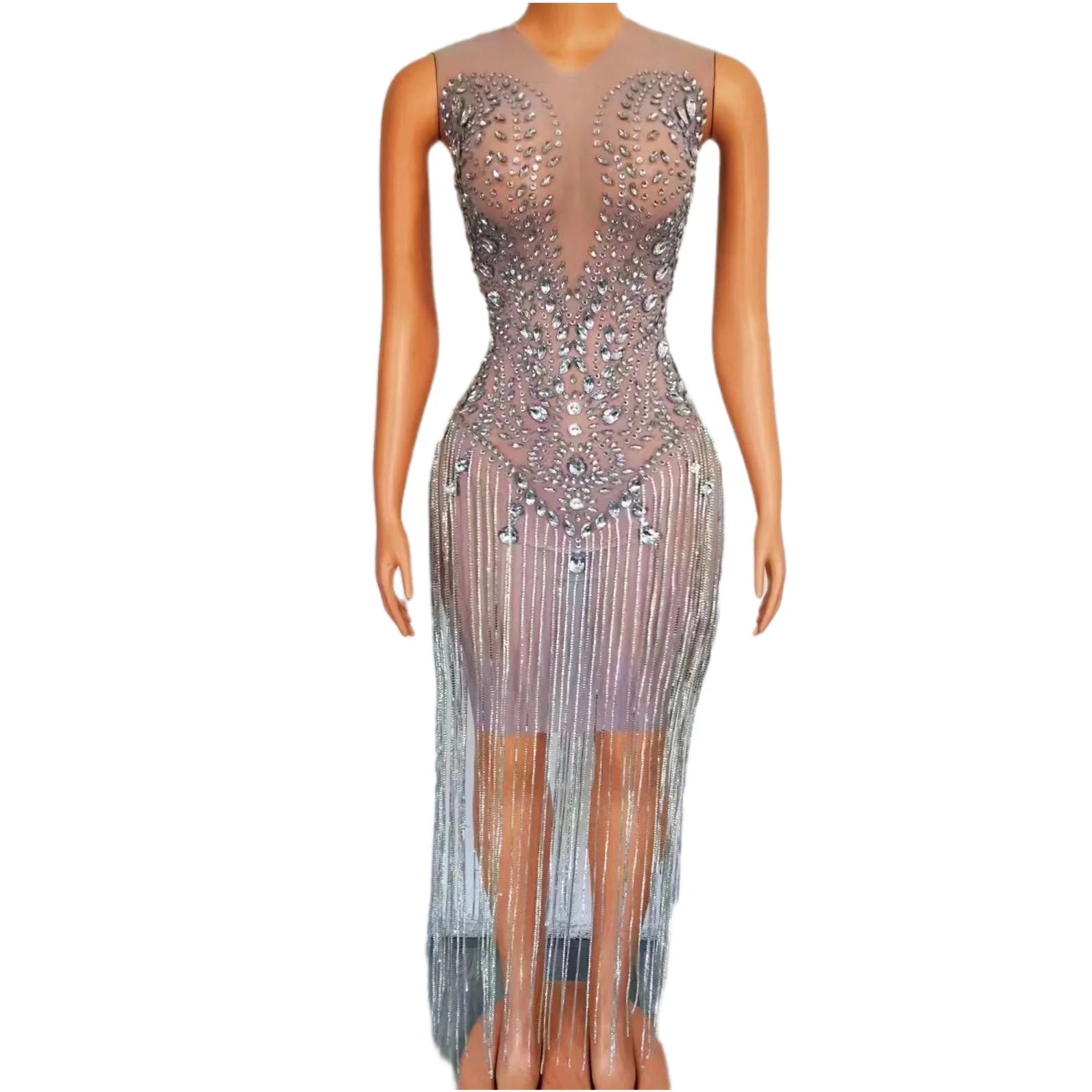 

Nude Black Shining Rhinestones Sleeveless Sexy Sheath Tassel Dress For Women Nightclub Party Clothing Singer Stage Costumes