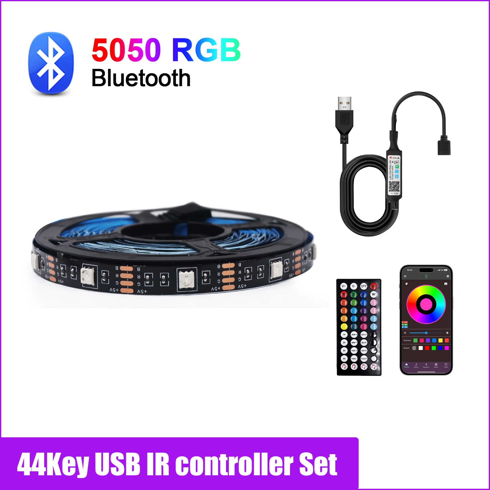

Комплект светодиодных лент DC 5 В USB RGB, черная печатная плата, Bluetooth/3 клавиши/44 клавиши, ИК-пульт дистанционного управления, гибкая лента, светодиодная подсветка телевизора