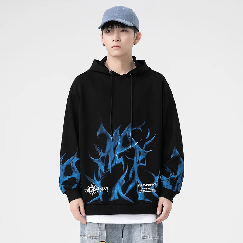 

Men Retro Flame Print Hoodie Korean Harajuku Bf Street Hip-hop Loose Sweatshirt Men Women Couple Outfit Spring Autumn Hooded Top