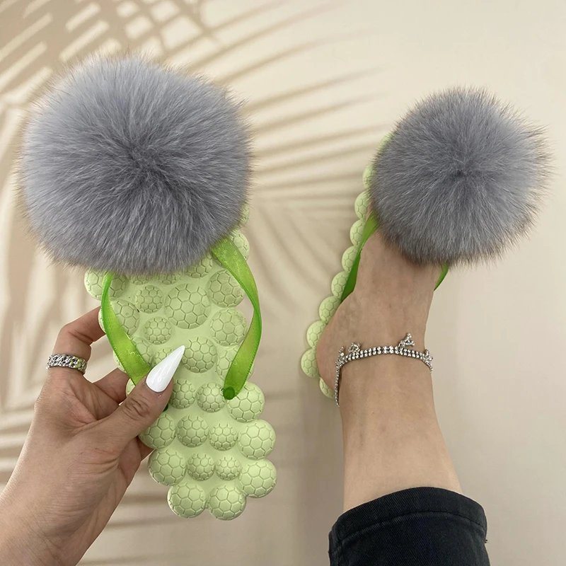 Women Flip-flops Summer Female 100% Natural Fox Fur Pom Pon Soft House Slippers 2022 Ladies Luxury Flat Beach Slides Women