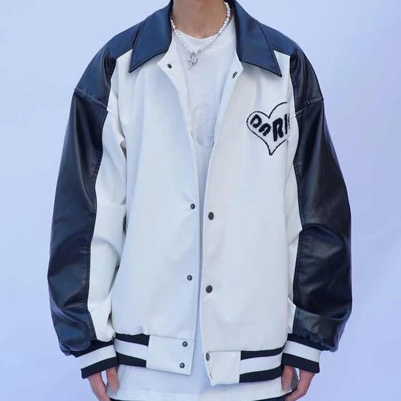 

High-Quality Vintage Men PU Leather Jacket Patchwork Letter Heart Embroidery Coat Korean Fashion Motorcycle Baseball Uniform