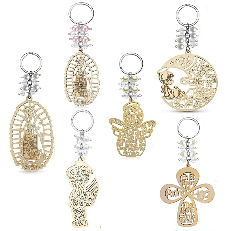 

QIGO Angel Cross Wooden Baptism Key Chains Gifts Pendant DIY Wedding Ornaments