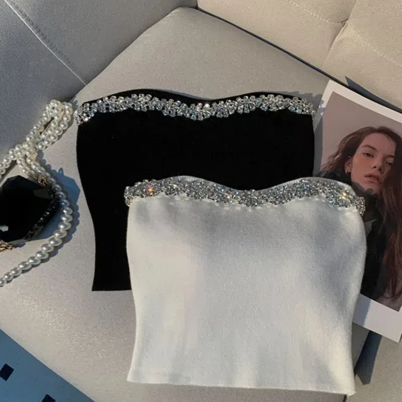 Сексуальный вязаный топ без бретелек с бриллиантами женская одежда облегающие