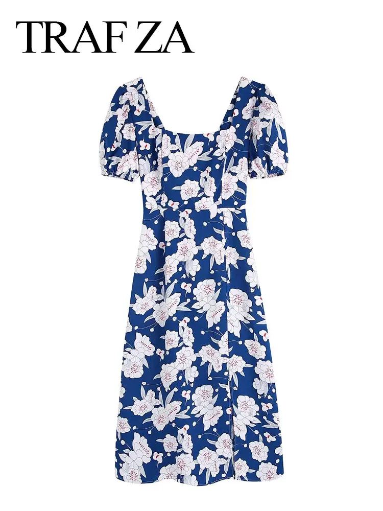 

TRAF ZA Ladies Dress Backless Flower Color Square Neck Girl Casual Retro Everyday Loose Street Party Elegant Summer Clothes