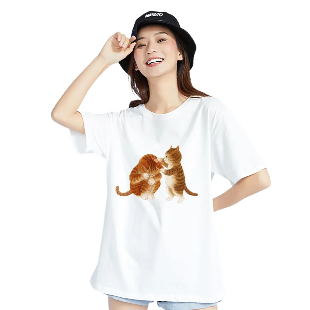 

XIEHNASA 2023 New Couple Cat Printed Woman Blouses Pure Cotton Kawaii T Shirt Female Clothing Oversized Summer Sport Dance Tops