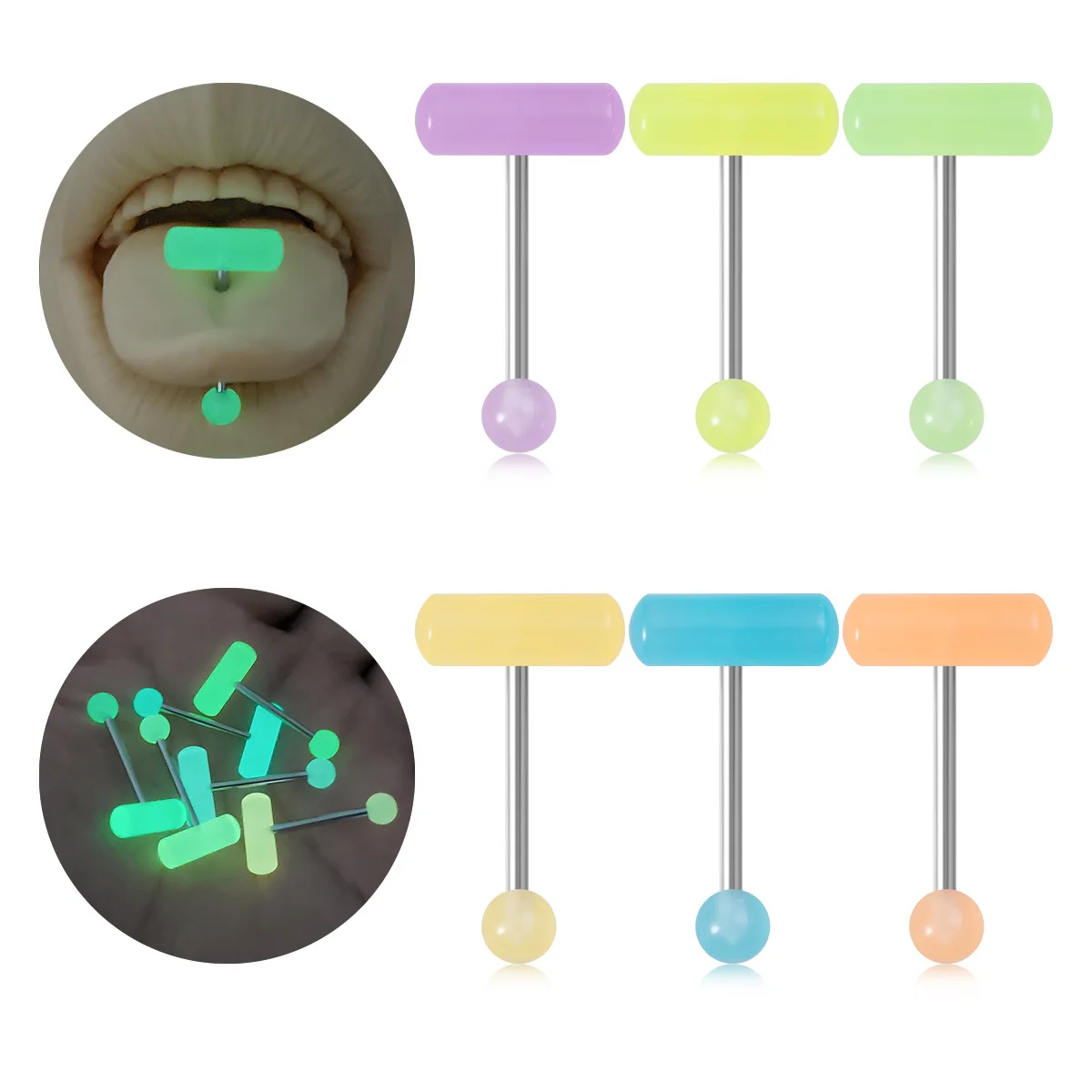 

6 Piece Set Stainless Steel Tongue Piercing 14G Luminous Pill Tongue Stud For Women Body Piercing Jewelry Accessory