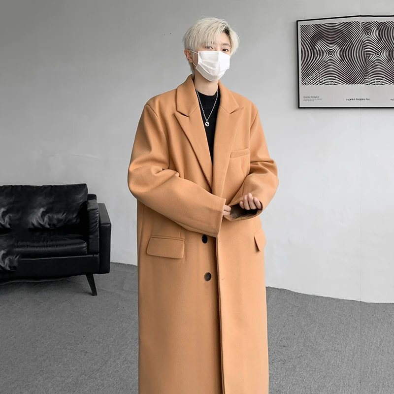 PFNW корейское трендовое шерстяное пальто цвета хаки средней длины мужское