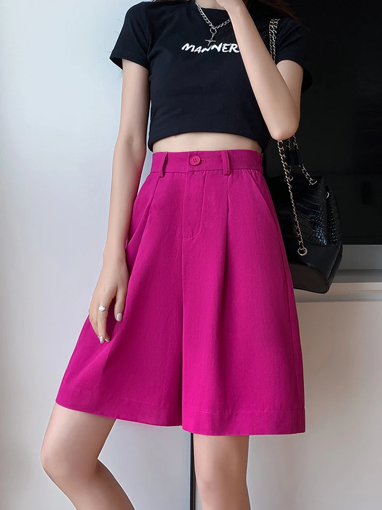 DFRCAEG 2023 Summer Bermuda Shorts For Women High Elastic Waist Wide Leg Loose Suit Pants Free Belt Casual Half Pants Femme