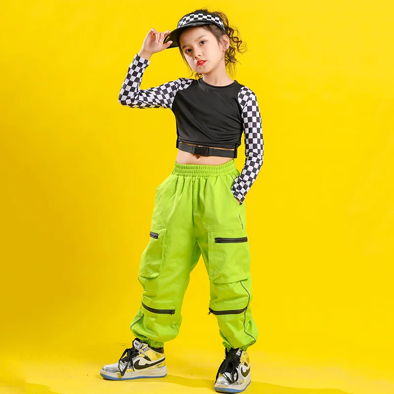 

110-180cm Girls Hip Hop Plaid Weatshirt Joggers Clothes Sets Kids Jazz Crop Tops Dance Costume Street Ballroom Dancewear
