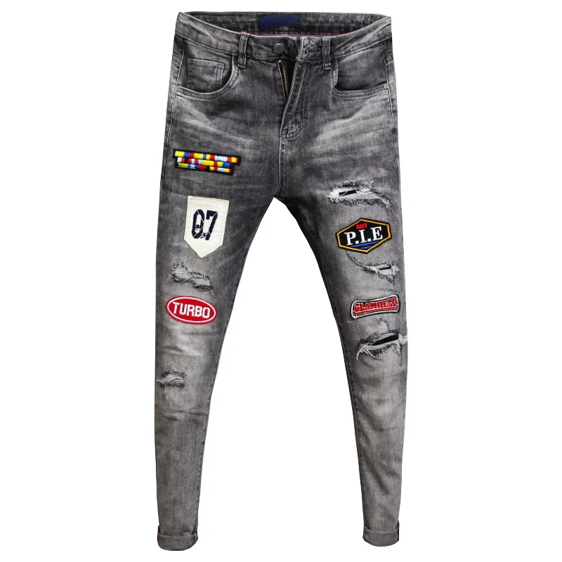 

Spring Autumn 2022 Teenagers Hip Hop Ripped Hole Men's High-tech Embroidered Patch Jeans Korean Slim Feet Fashion Pencil Pants