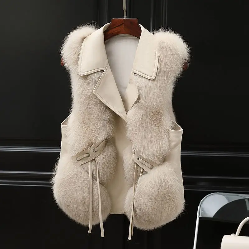 

Women Thick Sleeveless Vest Coats Warm Winter Faux Fur Fashion Slim Imitation Fox Fur Solid Color Short Vest Fur Coat Q452