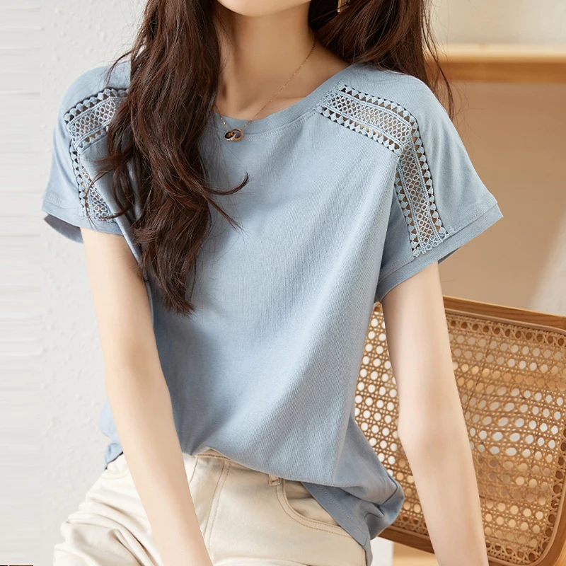 

Korean Fashion Summer T-shirts for Women Casual Hollow Out Short Sleeve Solid Color Tees Casual Office Lady Tshirt Clothes 27030