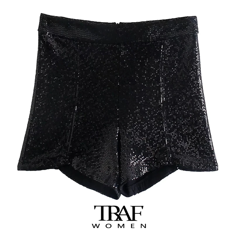 

TRAF Women Fashion Shiny Sequin Shorts Vintage High Waist Back Zipper Female Short Pants Mujer
