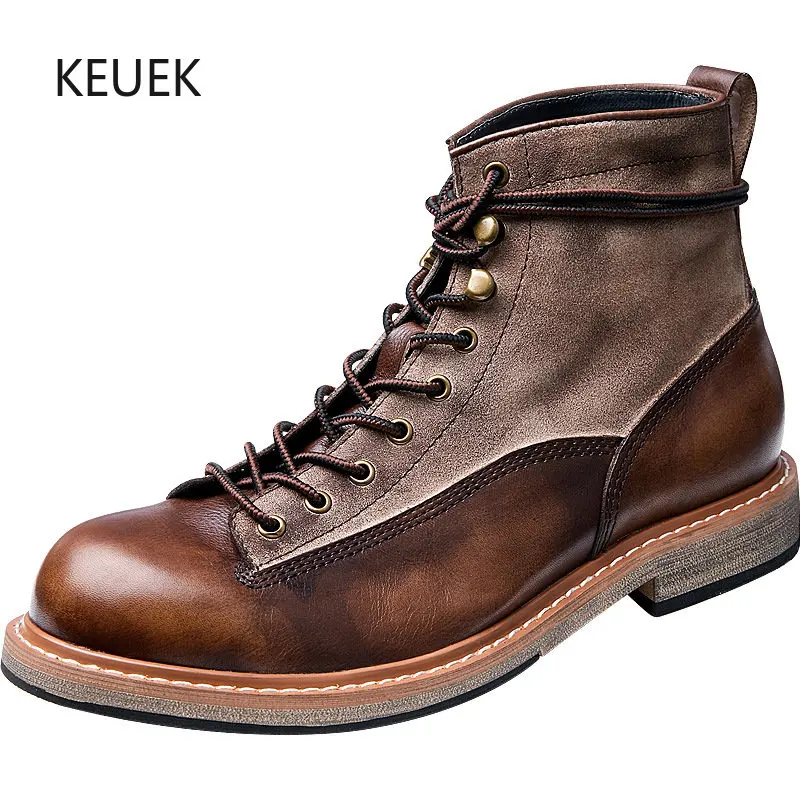 

New Vintage Genuine Leather Ankle Strap Motorcycle Boots Men High Top Shoes Work Chelsea Desert Outdoor Military Boots Male 5A