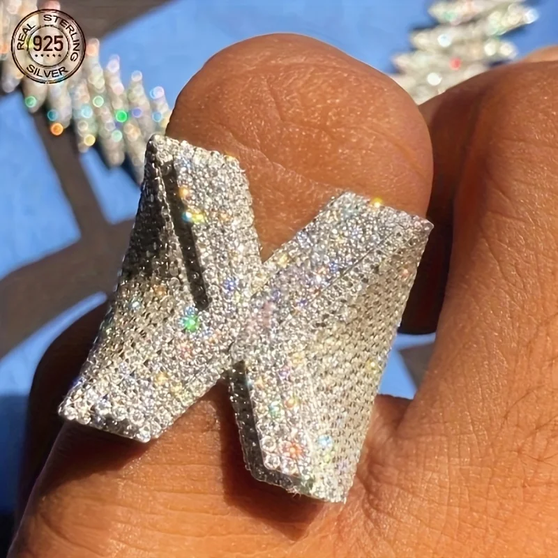 Фото Полностью Iced Out Initial X Diamond Letter Кольца для мужчин Роскошное кольцо из стерлингового серебра 925 пробы в стиле хип-хоп 5А Ювелирные изделия с цирконом и платиновым покрытием №1