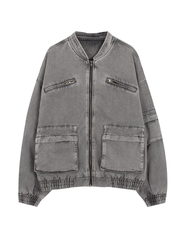 Скидка 50% на новых продуктов&quot American High Street Retro Grey Cargo Джинсовая куртка хлопковой