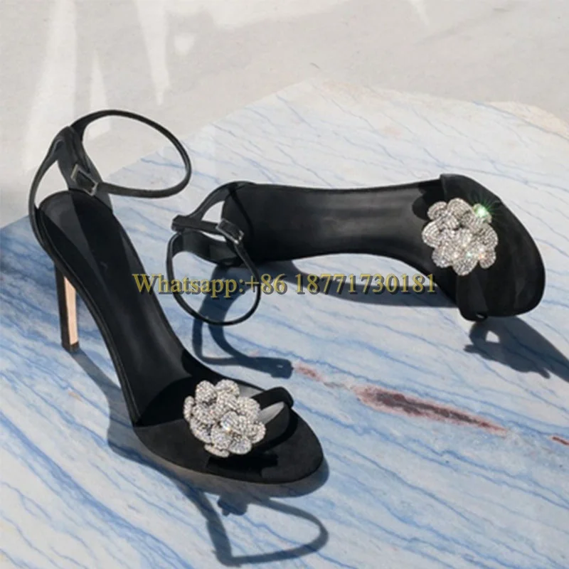 

7.5cm 9.5cm Black Rhinestone Flower Stiletto Sandals Woman Summer 2022 Open Toe Buckle High Heels Fashion Sexy Shoes for Women