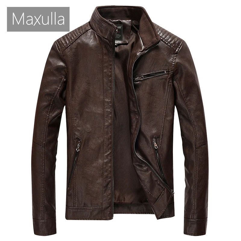 Куртка мужская демисезонная из ПУ кожи на молнии с воротником-стойкой