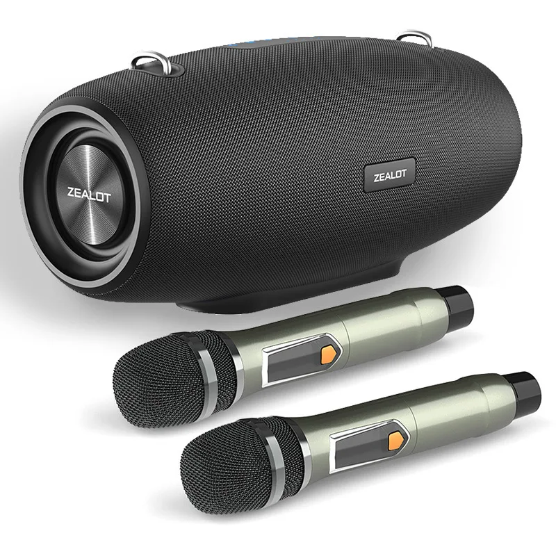 

S67 Portable Speaker with Two Wireless Microphones and Shoulder Strap Support TWS, AUX in, USB, Bass and Treble for Party