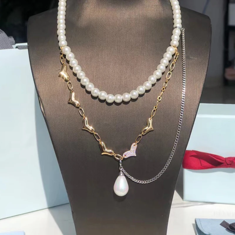 

Fashion 925 sterling silver Multiple chains pearl necklace love water drop pendant luxury wedding engagement baroque jewelry