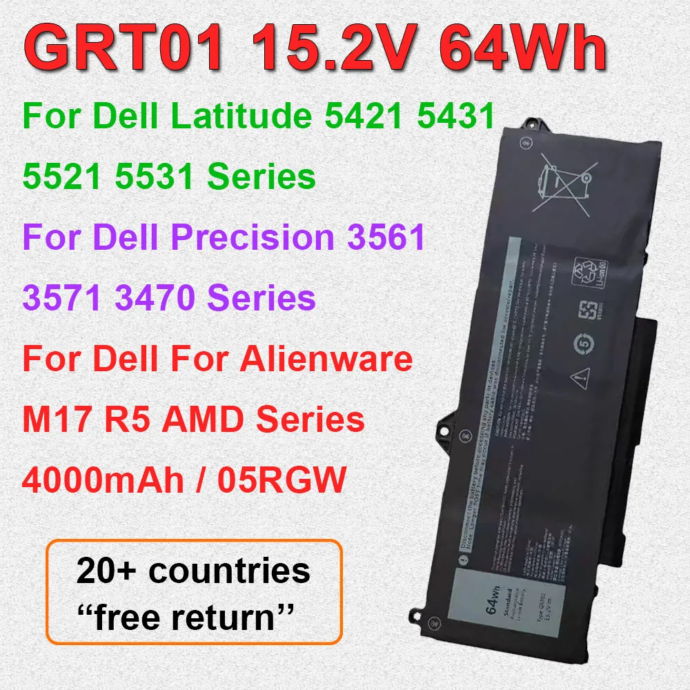 Фото Аккумулятор для ноутбуков Dell Latitude 5421, 5431, 5521, 5531, Precision 3561, 3571, 3470, Alienware M17 R5 AMD Series GRT01, 0P3TJ, R05P0 №1