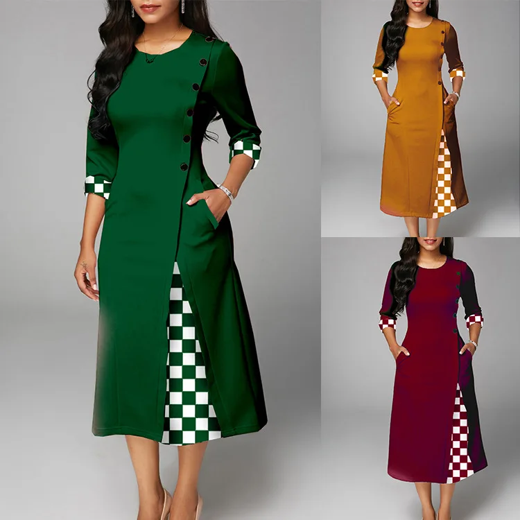 

Elegant Plaid Stitching Women Dress 2022 Spring Green Round Neck Three Quarter Casual Midi Dress Slim Office Button A-Line Dress