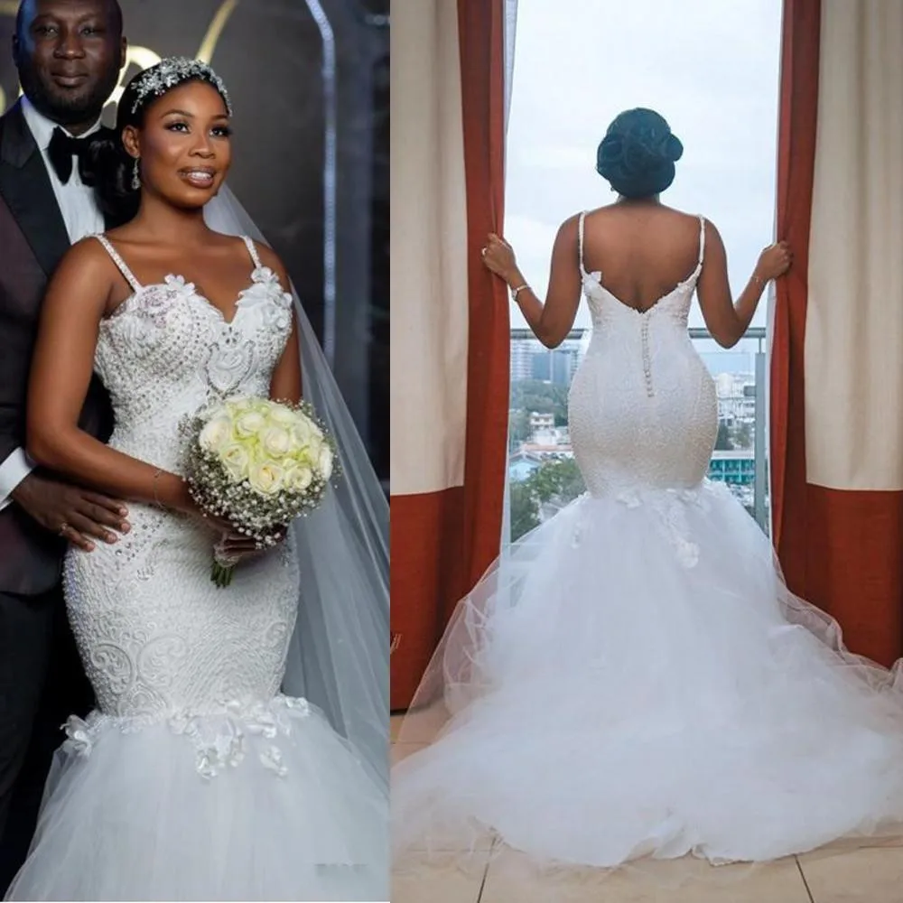 

African Plus Size Wedding Dresses 2022 robe de mariee Mermaid Wedding Gowns Open Back Bead Lace Handmade Bridal Gowns