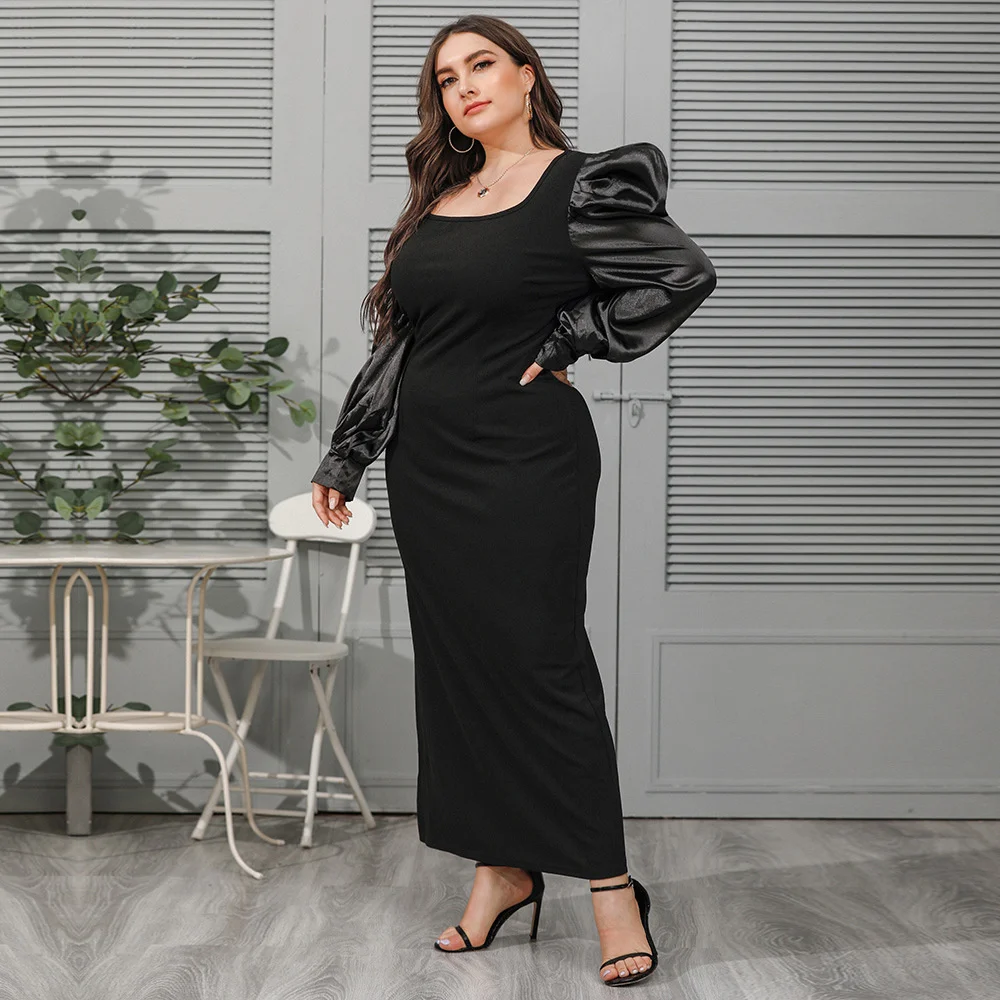 Plus Size Women Clothing 2023 Spring And Autumn New Large Women's Fashion Square Neck Bubble Sleeve Loose Elegant Dress