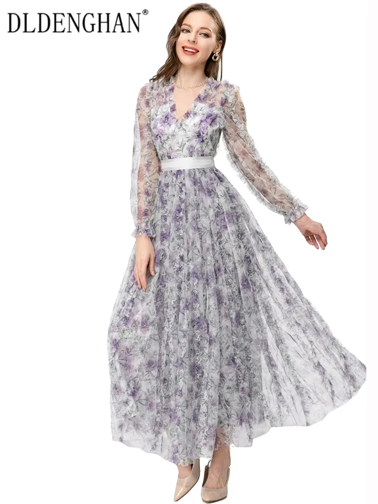 DLDENGHAN Spring Summer Women Mesh Dress V-Neck Lantern Sleeve Ruffle Belt Flower Print Elegant Party Long Dresses Fashion  New