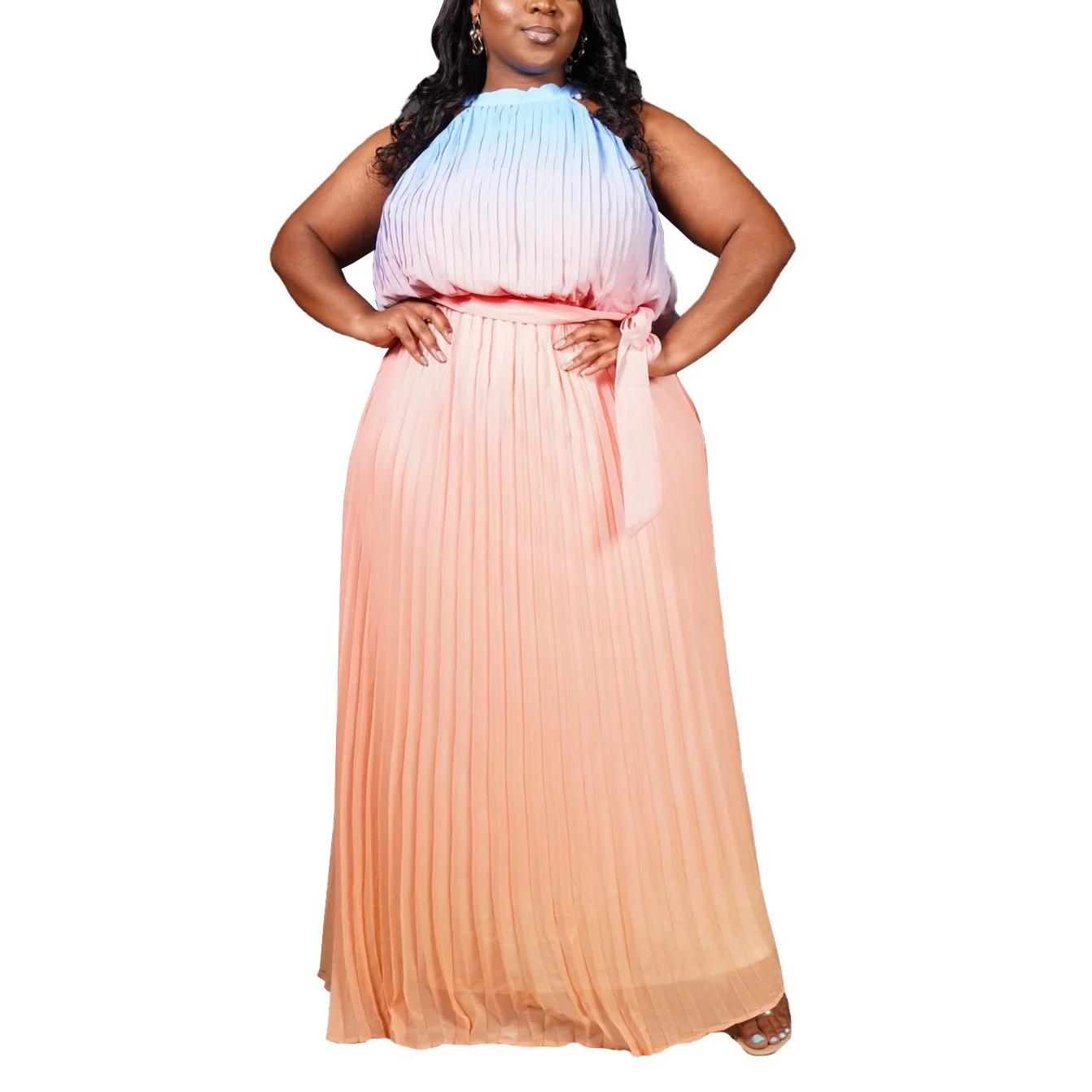 4XL 5XL Plus Size Dresses for Women Pleated Round Neck Sleeveless High Waisted Elegant Oversized Evening Night Party Vestidos