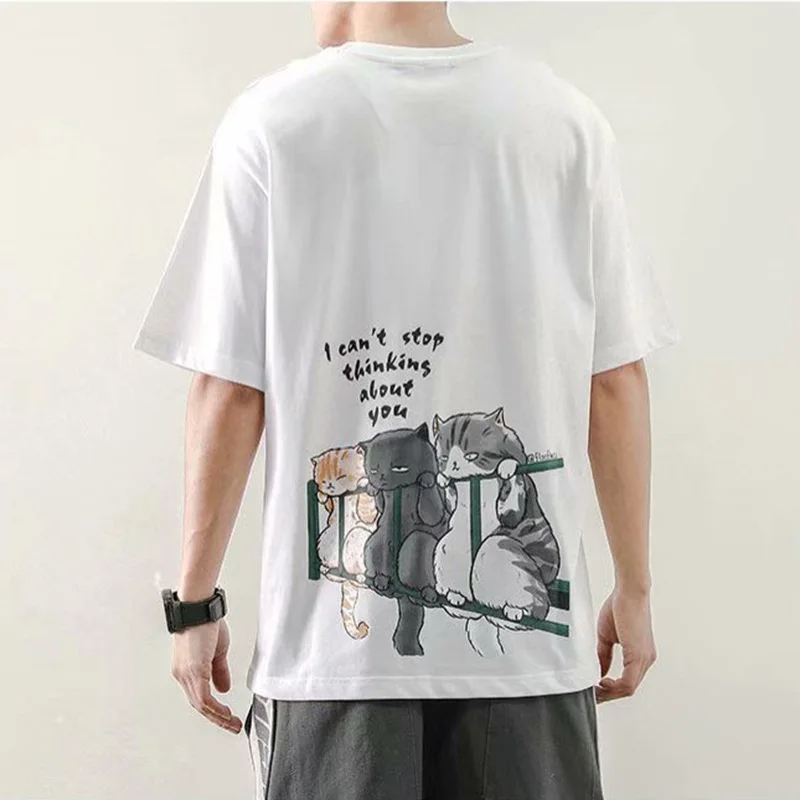 

2022 T-shirts High Quality Men Women Oversized Cat Cartoon Print Summer Short Sleeve Top Tee
