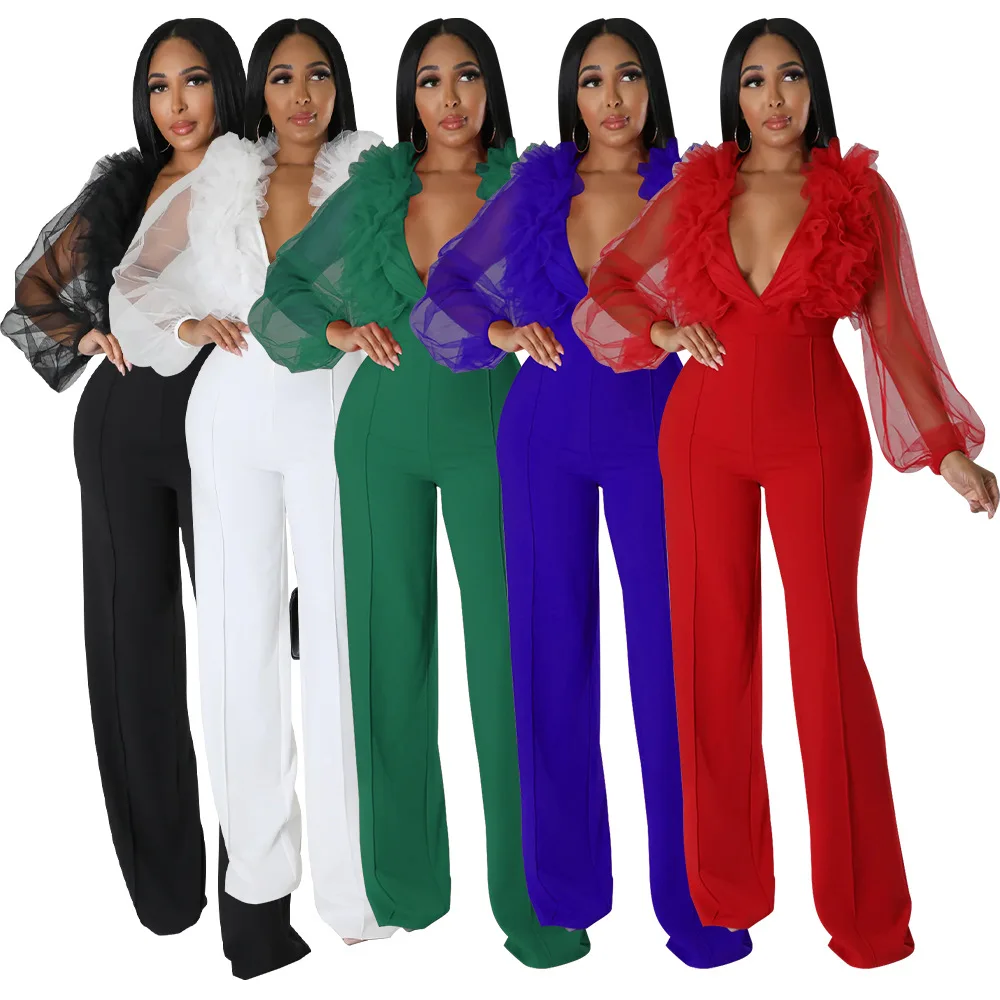 

Spring Fashion Mesh Jumpsuit Women's Solid V-Neck Open Back High Waist Wide Leg Pants Elegant Commuter Slim Fit Jumpsuit Women
