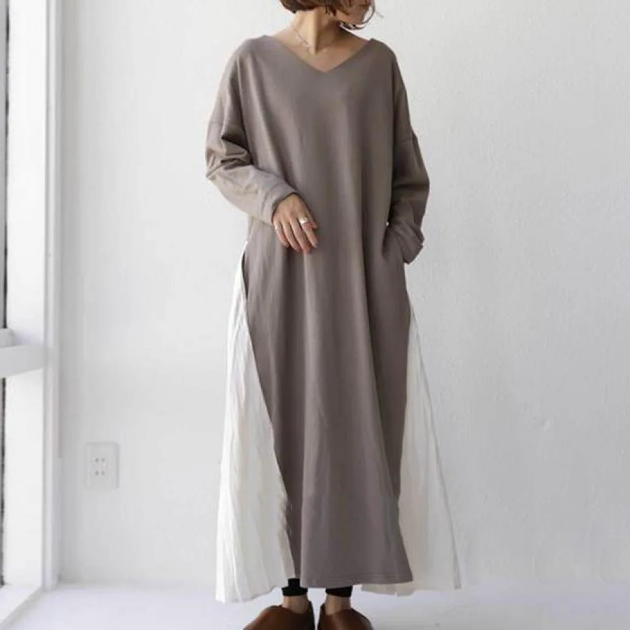 

Japanese Autumn New Fashion Item Trendy Popular Art Casual Solid Color Long Sleeve Large Swing Panel Long Loose Fitting Dress