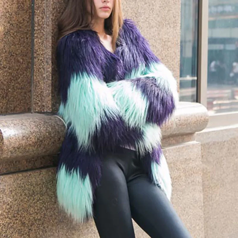 Winter Fashion Long Faux Fur Grass Women's Dress Women's Korean Patchwork Coat