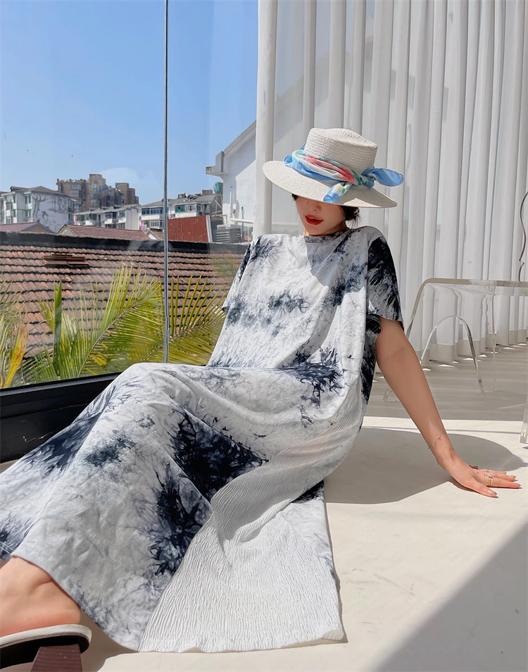 

2023 Summer Korean Fashion Short Sleeve Woman Dress Casual Plus Size Cotton Splicing Tie-Dye Print Women Maxi Long Dresses