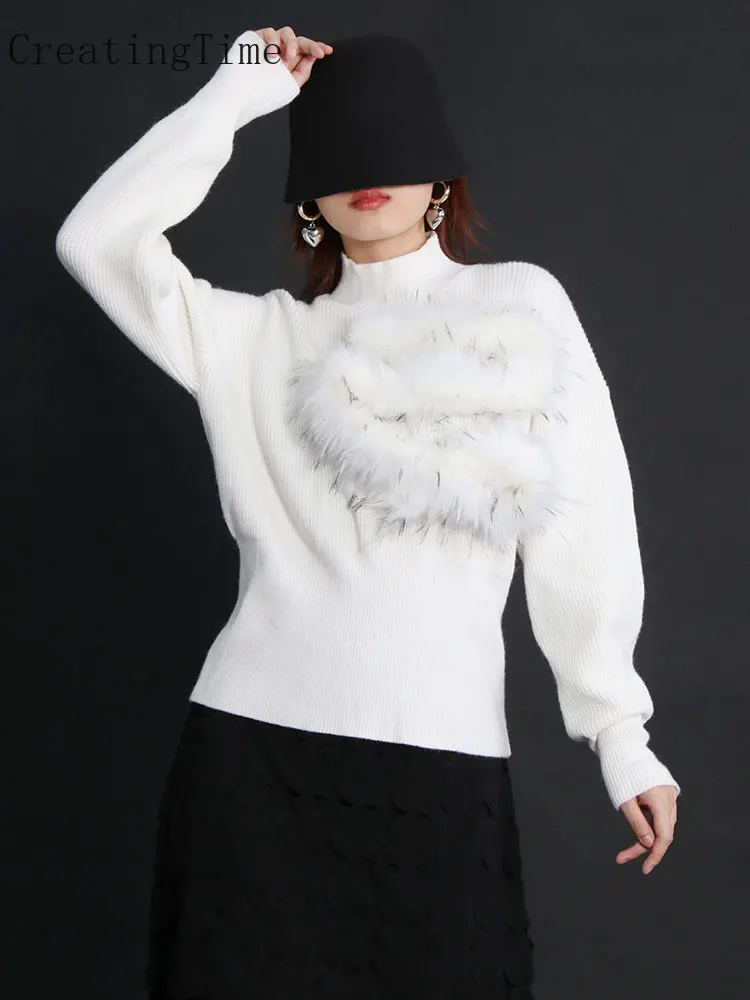 

Slim Patchwork Feathers Sweater Women's Stand Collar Lantern Sleeve Solid Casual Knitting Pullover Female Clothing Fashion 1A004