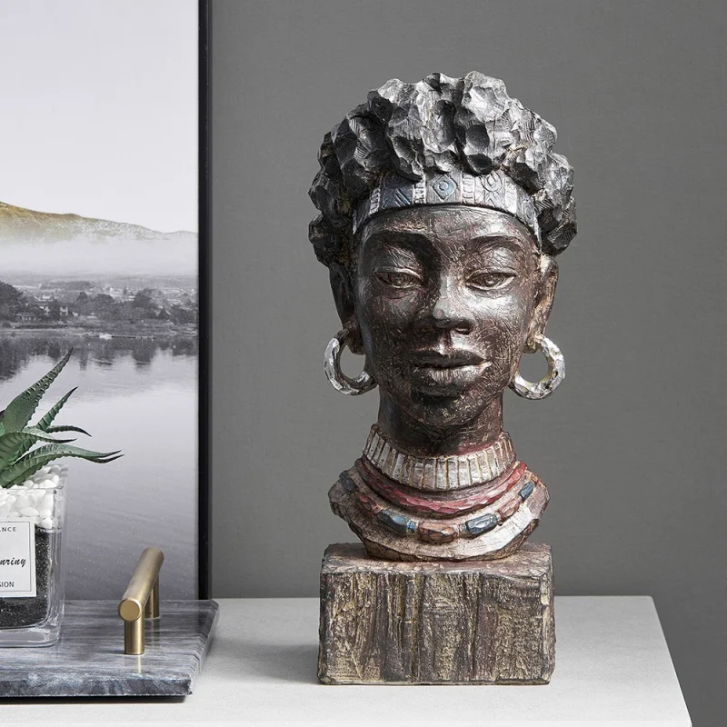 

Retro African Female Bust Art Sculpture Lady Head Figurine Wood Decoration Home Figure Statue Office Bookshelf Decor Ornaments