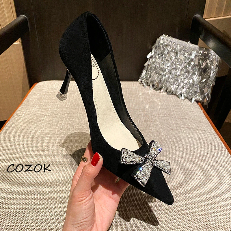

Пикантные женские туфли на каблуке с бантом-бабочкой 2022 элегантные вечерние туфли для женщин на высоком каблуке с кристаллами