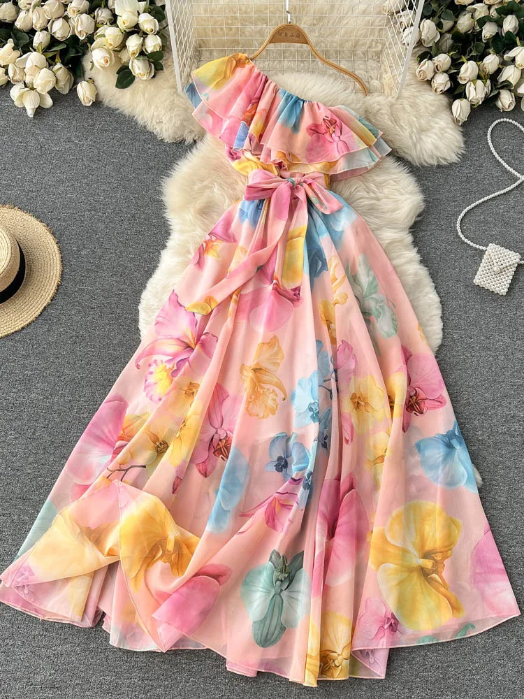 

2022 Summer Holiday Party Boho Maxi Dress Women's Off Shoulder Chiffon Floral Print Ruffles Loose Elegant Sexy Long Dress Femme